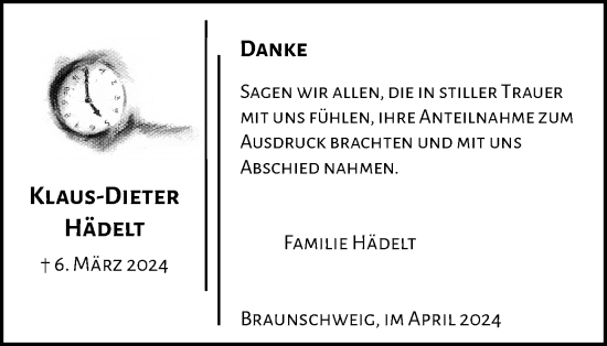 Traueranzeige von Klaus-Dieter Hädelt von Braunschweiger Zeitung
