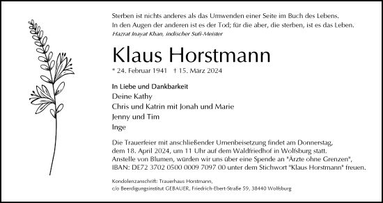 Traueranzeige von Klaus Horstmann von Wolfsburger Nachrichten