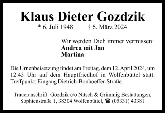 Traueranzeige von Klaus Dieter Gozdzik von Wolfenbütteler Zeitung