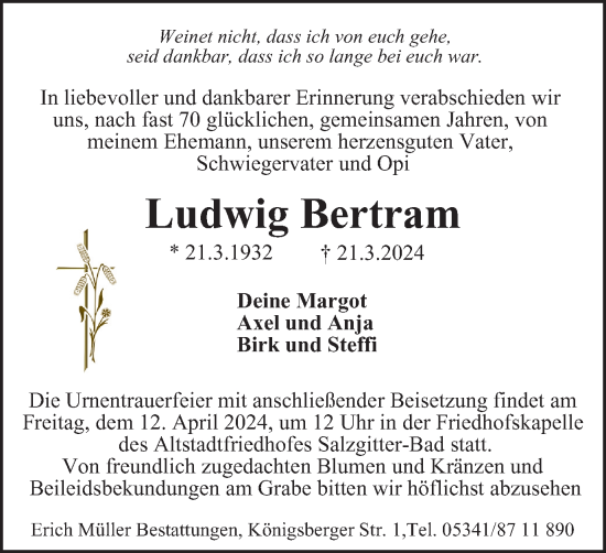 Traueranzeige von Ludwig Bertram von Salzgitter-Zeitung