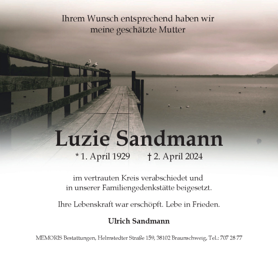 Traueranzeige von Luzie Sandmann von Braunschweiger Zeitung