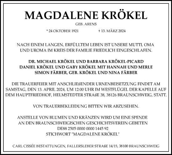 Traueranzeige von Magdalena Krökel von Braunschweiger Zeitung