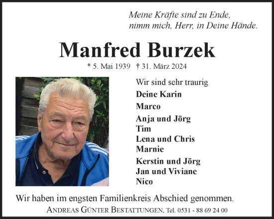 Traueranzeige von Manfred Burzek von Braunschweiger Zeitung