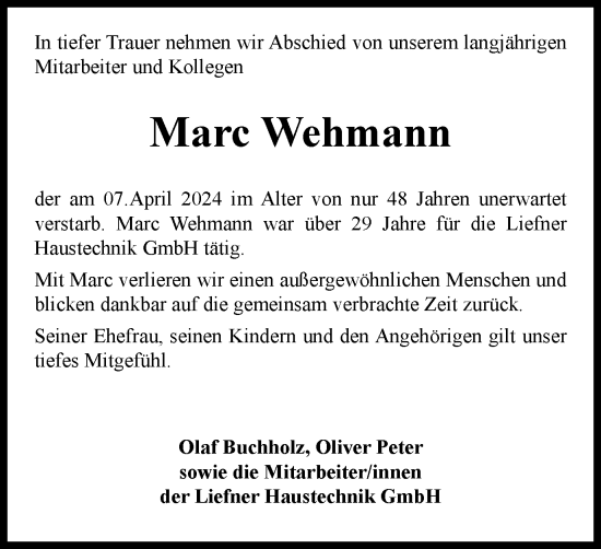 Traueranzeige von Marc Wehmann von Braunschweiger Zeitung