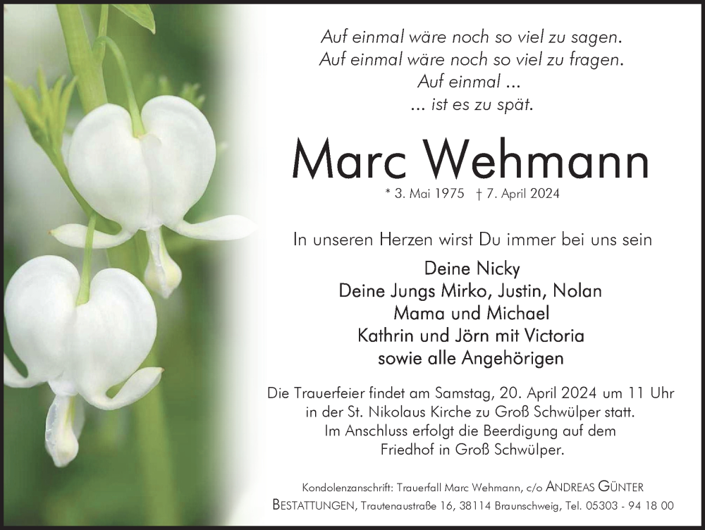  Traueranzeige für Marc Wehmann vom 13.04.2024 aus Braunschweiger Zeitung