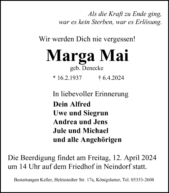 Traueranzeige von Marga Mai von Wolfsburger Nachrichten
