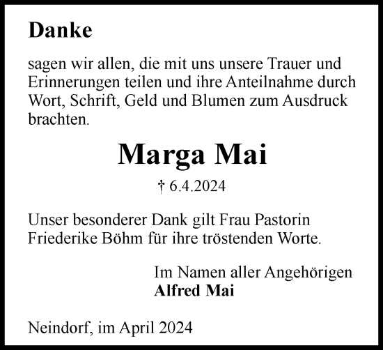Traueranzeige von Marga Mai von Wolfsburger Nachrichten