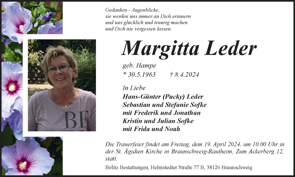  Traueranzeige für Margitta Leder vom 13.04.2024 aus Braunschweiger Zeitung
