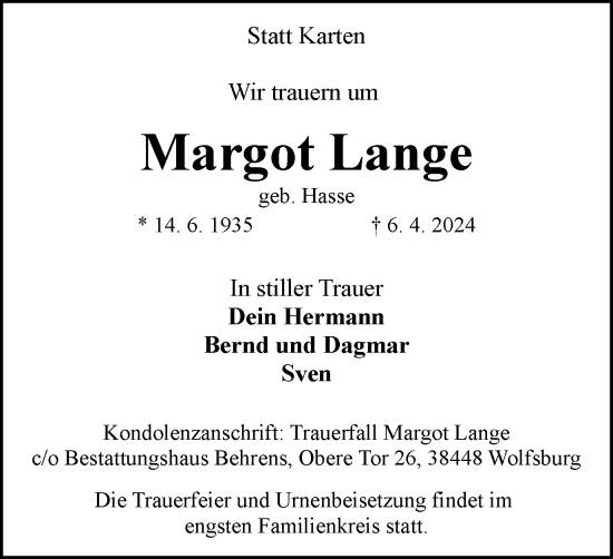 Traueranzeige von Margot Lange von Wolfsburger Nachrichten