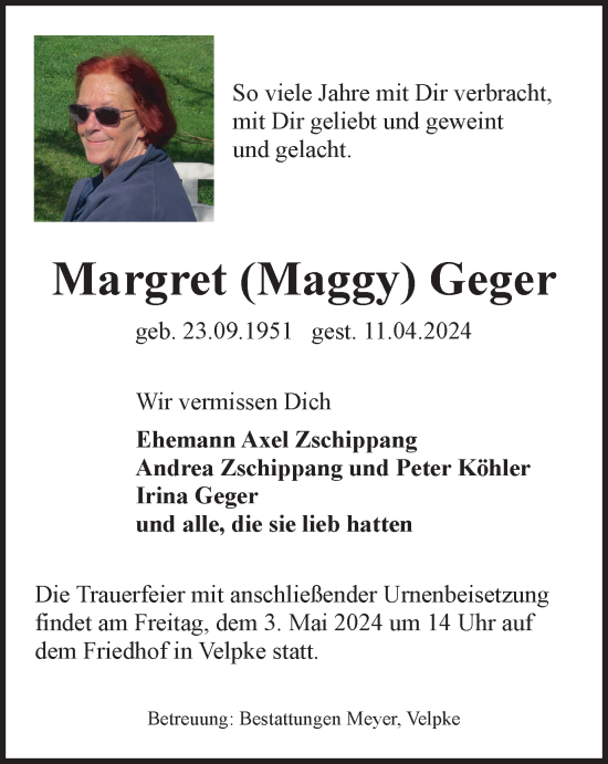 Traueranzeige von Margret  Geger von Wolfsburger Nachrichten