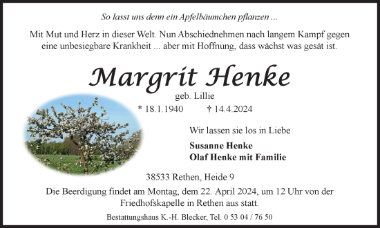 Traueranzeige von Margrit Henke von Braunschweiger Zeitung