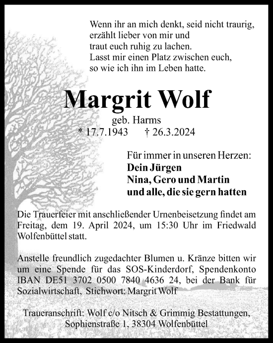 Traueranzeige von Margrit Wolf von Braunschweiger Zeitung