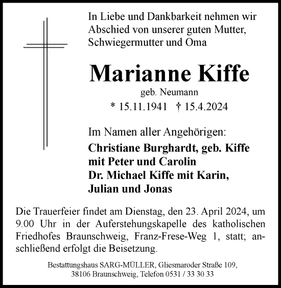 Traueranzeige von Marianne Kiffe von Braunschweiger Zeitung