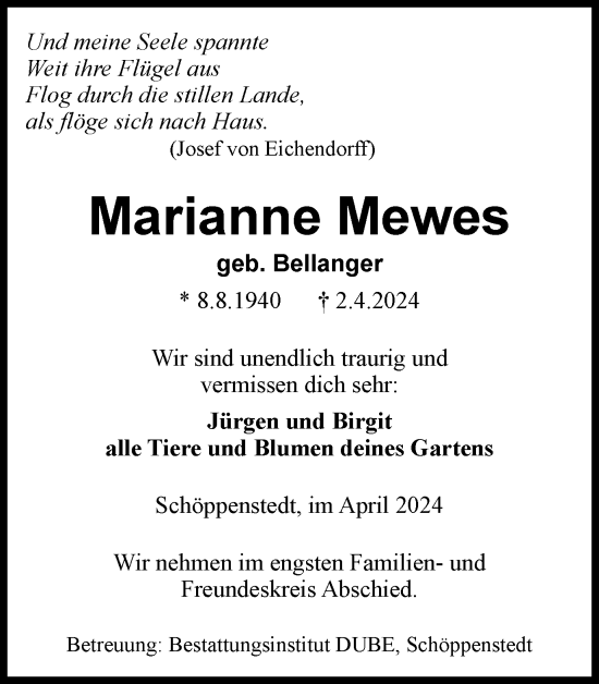 Traueranzeige von Marianne Mewes von Braunschweiger Zeitung