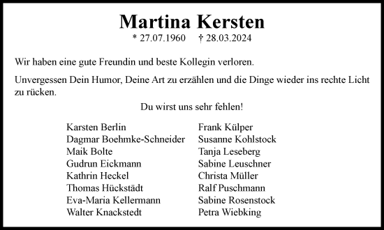 Traueranzeige von Martina Kersten von Peiner Nachrichten