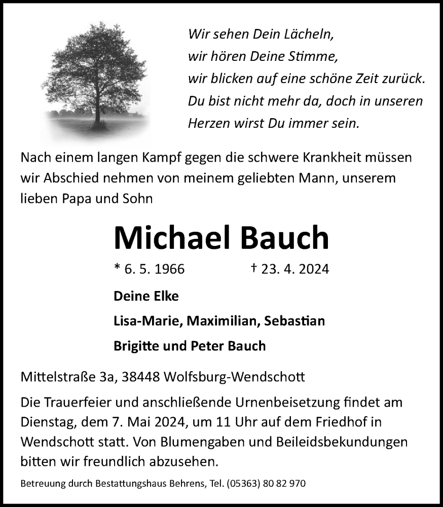  Traueranzeige für Michael Bauch vom 27.04.2024 aus Wolfsburger Nachrichten