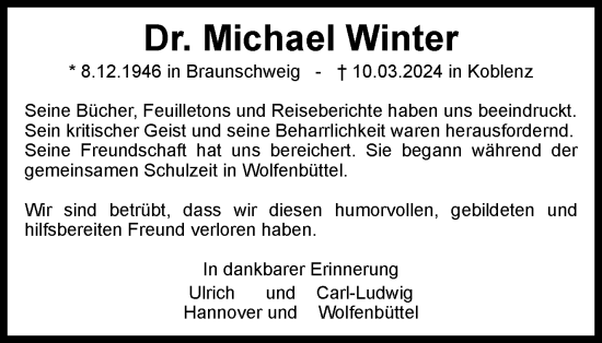 Traueranzeige von Michael Winter von Braunschweiger Zeitung