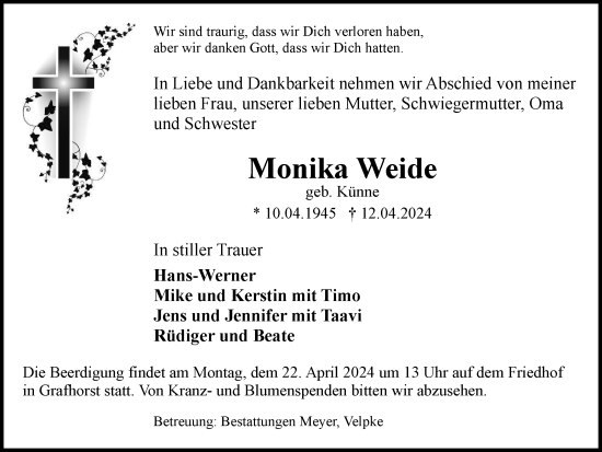 Traueranzeige von Monika Weide von Helmstedter Nachrichten