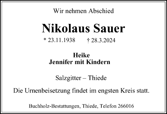 Traueranzeige von Nikolaus Sauer von Salzgitter-Zeitung
