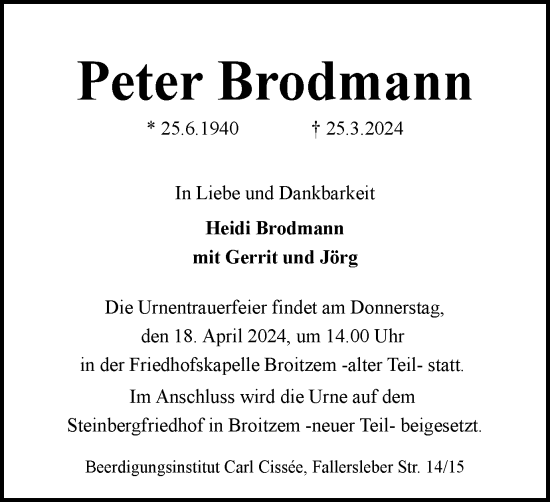 Traueranzeige von Peter Brodmann von Braunschweiger Zeitung