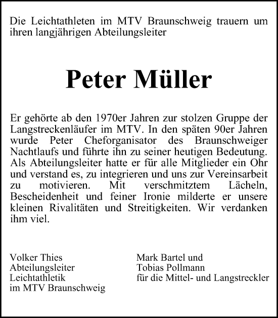 Traueranzeige von Peter Müller von Braunschweiger Zeitung
