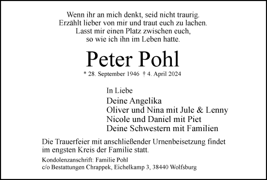 Traueranzeige von Peter Pohl von Wolfsburger Nachrichten