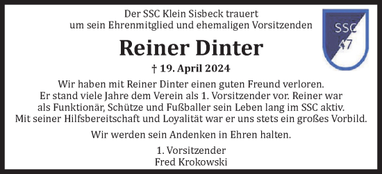 Traueranzeige von Reiner Dinter von Helmstedter Nachrichten