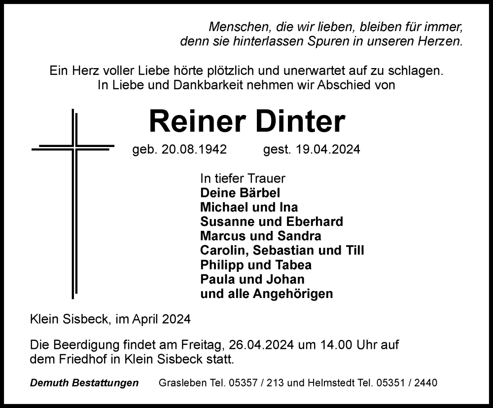 Traueranzeige für Reiner Dinter vom 24.04.2024 aus Wolfsburger Nachrichten, Helmstedter Nachrichten