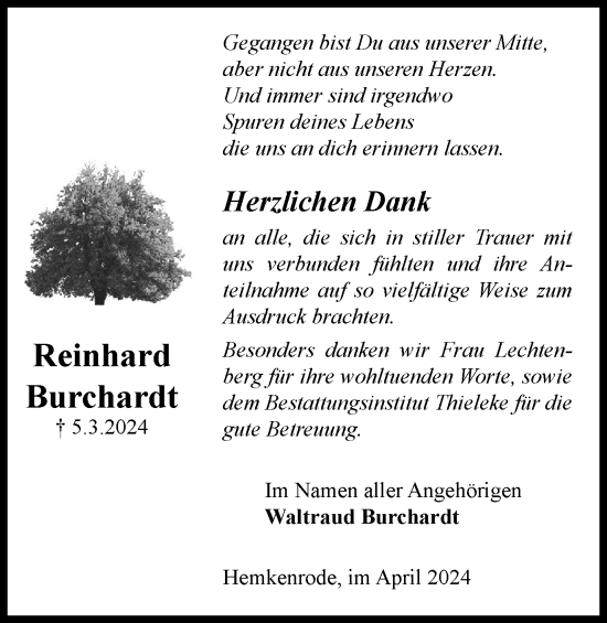 Traueranzeige von Reinhard Burchardt von Wolfenbütteler Zeitung