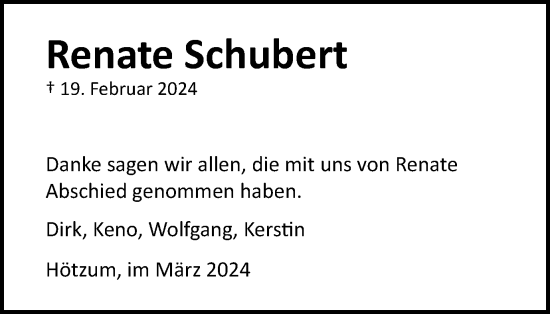 Traueranzeige von Renate Schubert von Wolfenbütteler Zeitung