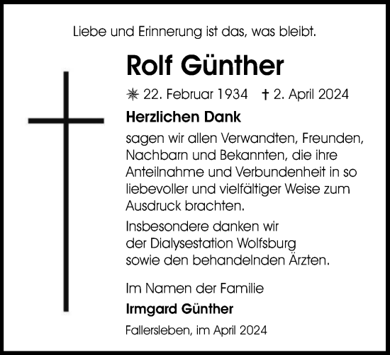 Traueranzeige von Rolf Günther von Wolfsburger Nachrichten