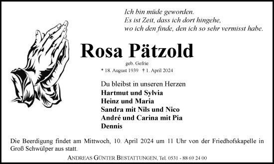Traueranzeige von Rosa Pätzold von Braunschweiger Zeitung