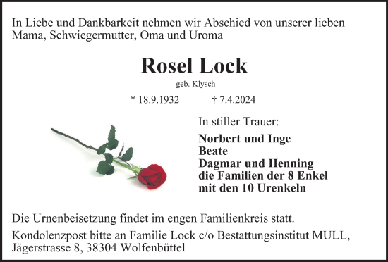 Traueranzeige von Rosel Lock von Wolfenbütteler Zeitung