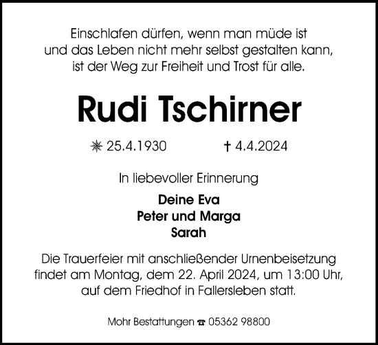 Traueranzeige von Rudi Tschirner von Wolfsburger Nachrichten