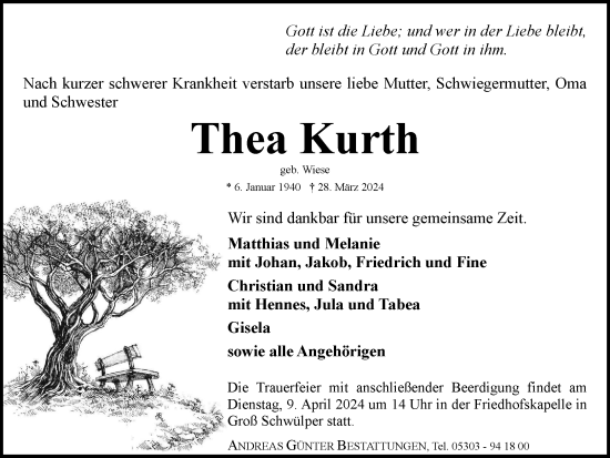 Traueranzeige von Thea Kurth von Braunschweiger Zeitung