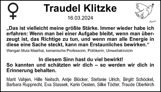 Traueranzeige von Traudel Klitzke von Braunschweiger Zeitung