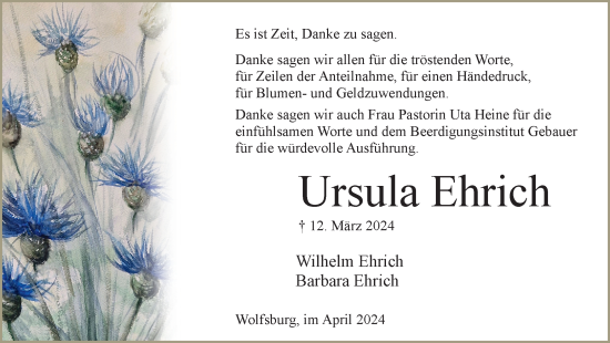 Traueranzeige von Ursula Ehrich von Wolfsburger Nachrichten