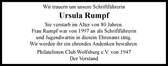 Traueranzeige von Ursula Rumpf von Wolfsburger Nachrichten