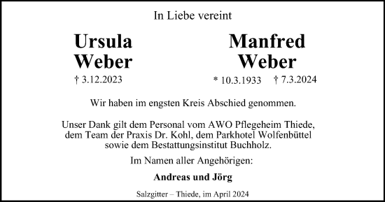 Traueranzeige von Ursula und Manfred Weber von Salzgitter-Zeitung