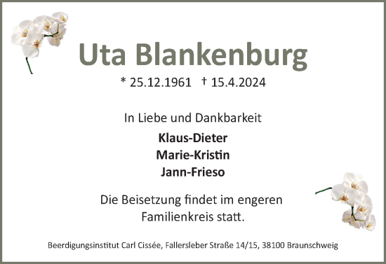 Traueranzeige von Uta Blankenburg von Braunschweiger Zeitung
