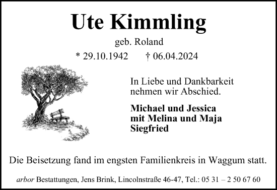 Traueranzeige von Ute Kimmling von Braunschweiger Zeitung