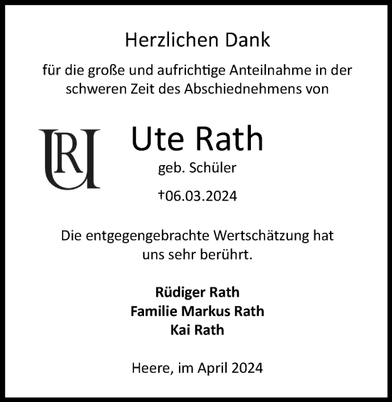 Traueranzeige von Ute Rath von Salzgitter-Zeitung