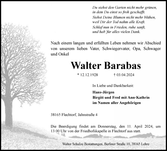 Traueranzeige von Walter Barabas von Helmstedter Nachrichten