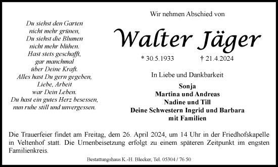 Traueranzeige von Walter Jäger von Braunschweiger Zeitung