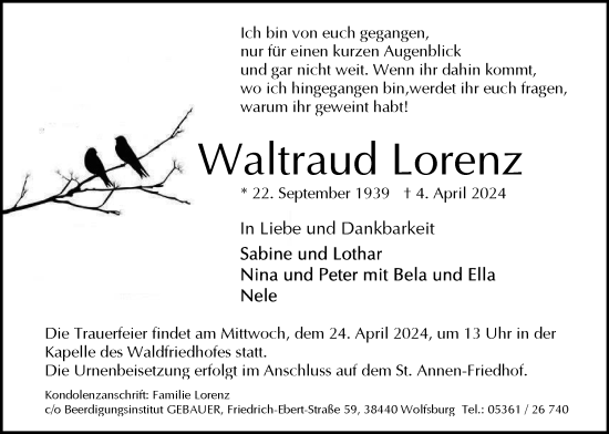 Traueranzeige von Waltraud Lorenz von Wolfsburger Nachrichten