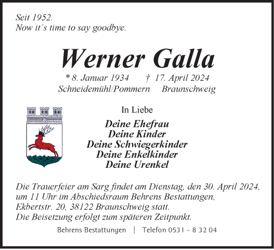 Traueranzeige von Werner Galla von Braunschweiger Zeitung