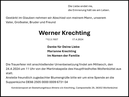 Traueranzeige von Werner Krechting von Wolfenbütteler Zeitung