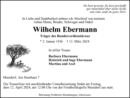 Traueranzeige von Wilhelm Ebermann von Peiner Nachrichten