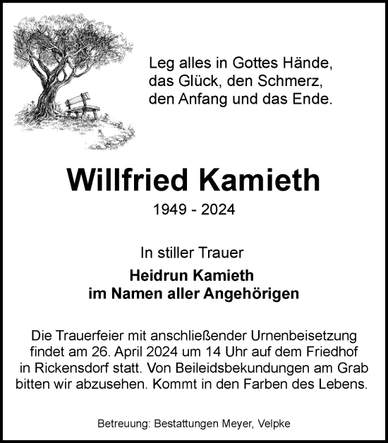 Traueranzeige von Willfried Kamieth von Wolfsburger Nachrichten