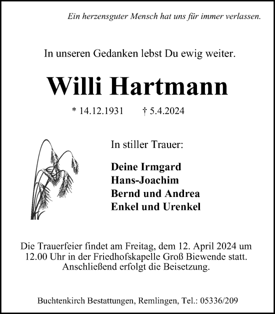 Traueranzeige von Willi Hartmann von Wolfenbütteler Zeitung